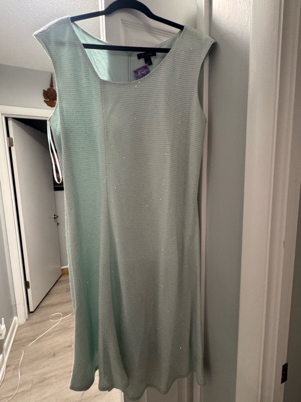 NWT St. John Pale Aqua iridescent asymmetrical neck knit midi 16